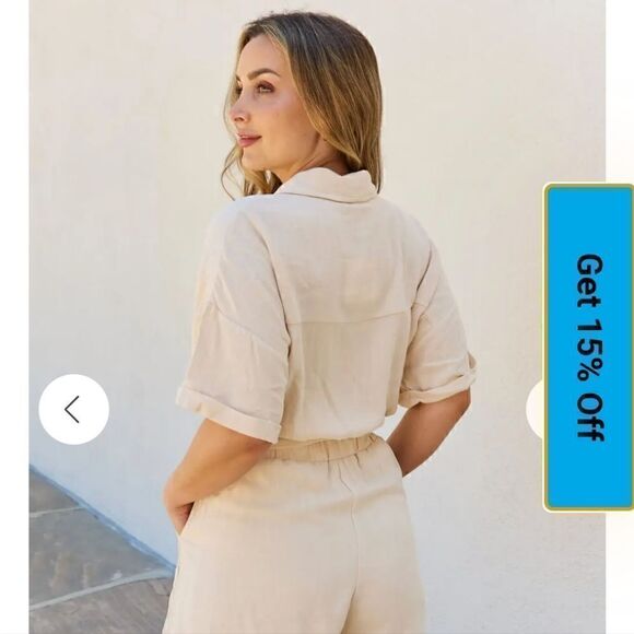 Collared Spring Summer Button Down Shirt Belts Romper in Cream - Picture 6 of 12